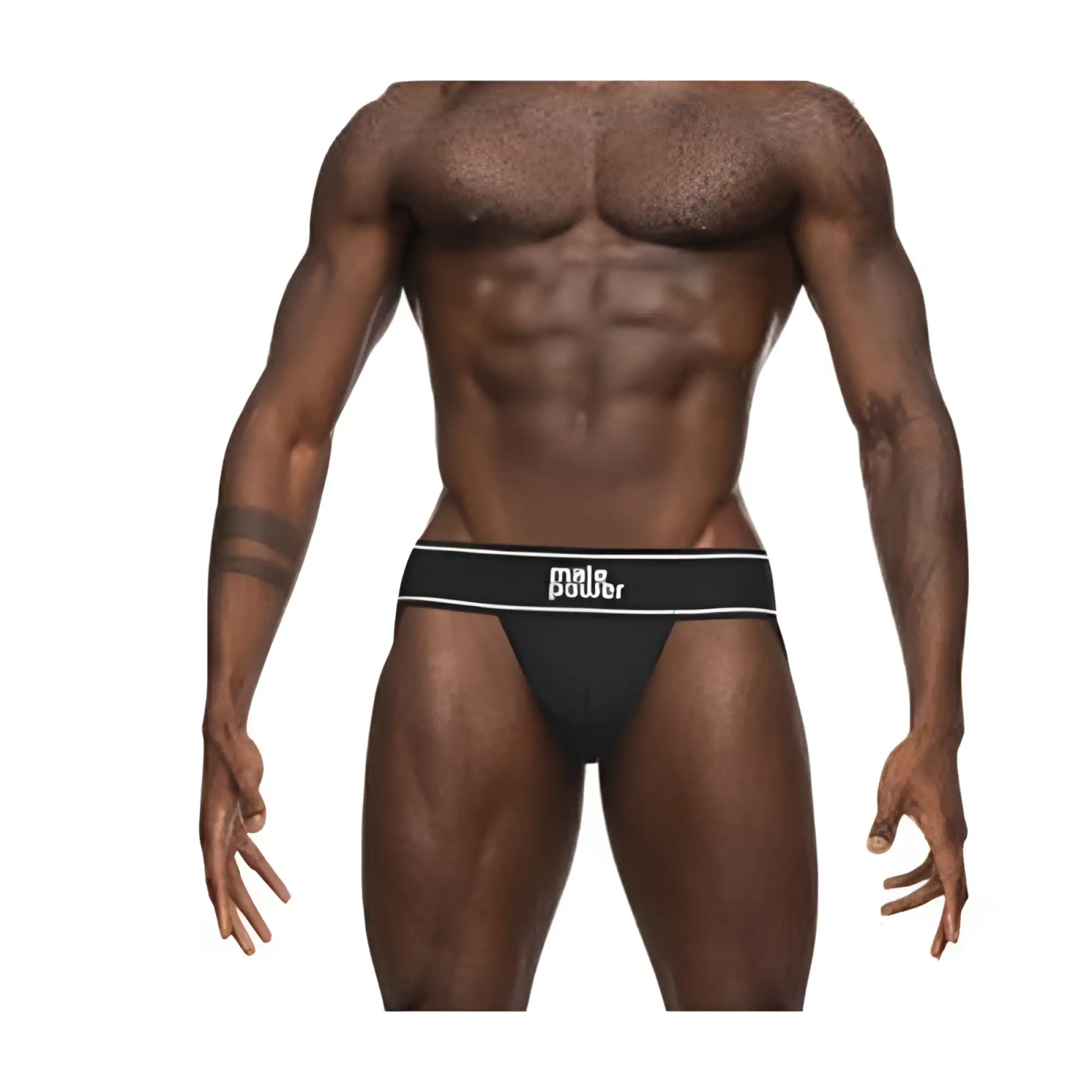 Black male power modal rib briefs with white logo band and silver trim in size s/m front view