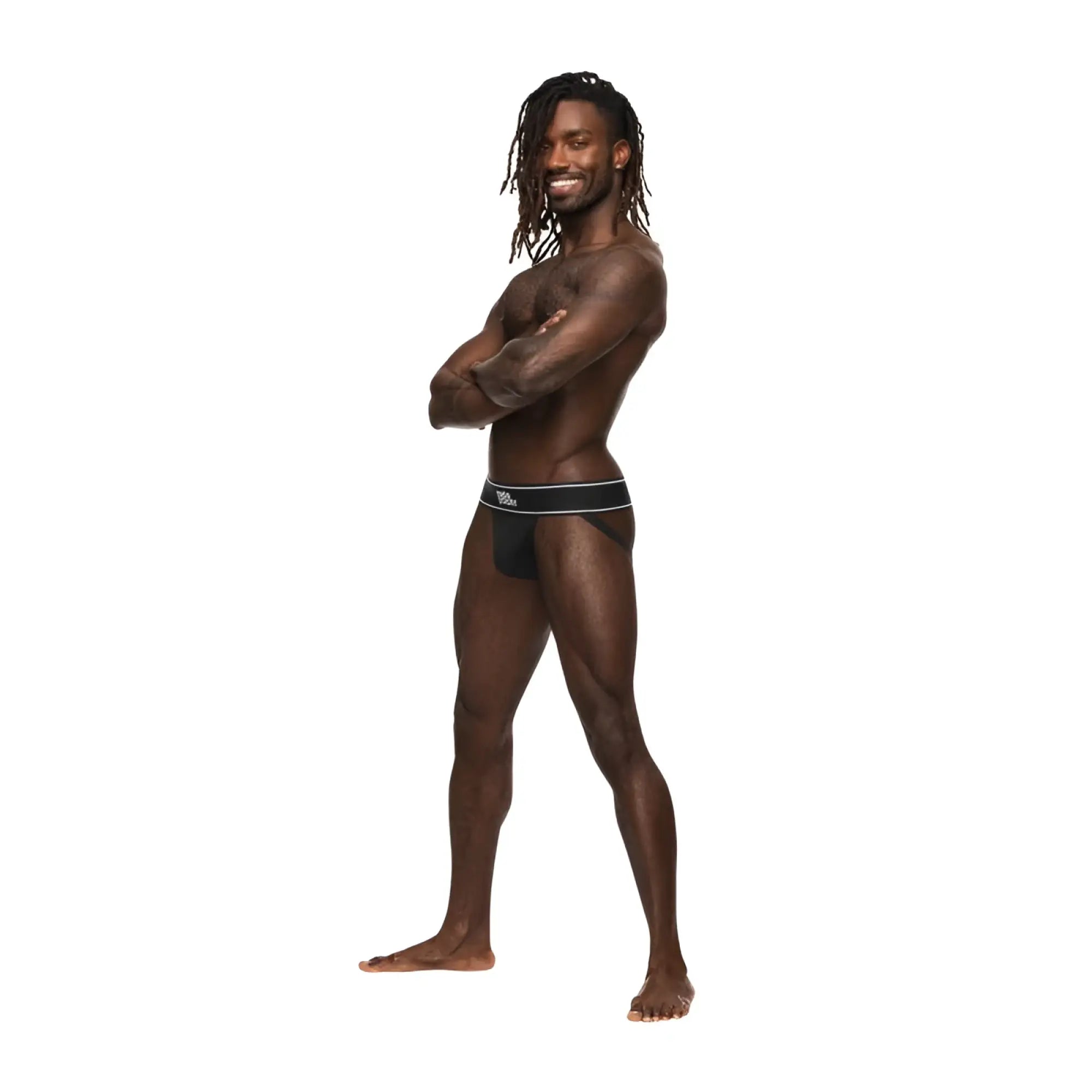 Male power black modal rib briefs with white logo band in size s m shown from front view