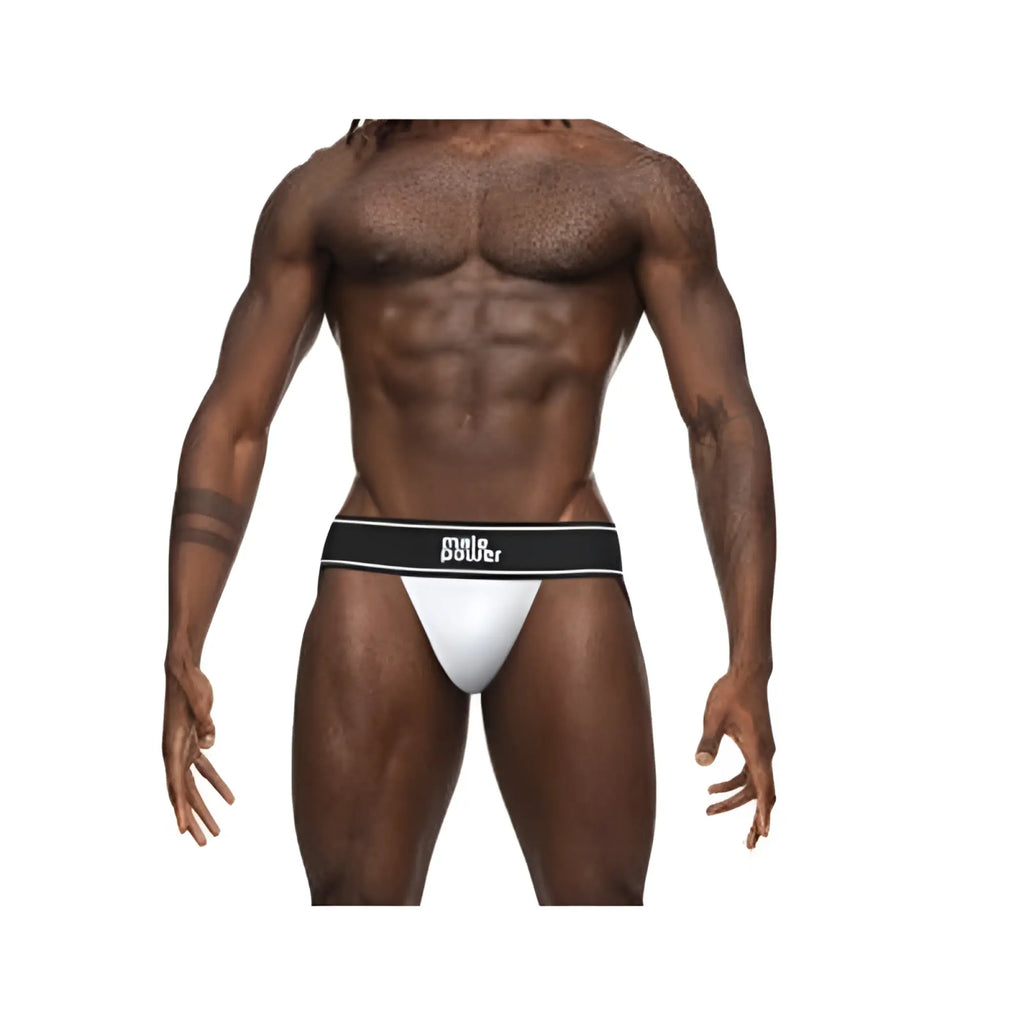 White male power modal rib jock briefs with a black waistband featuring the male power logo in size l/xl