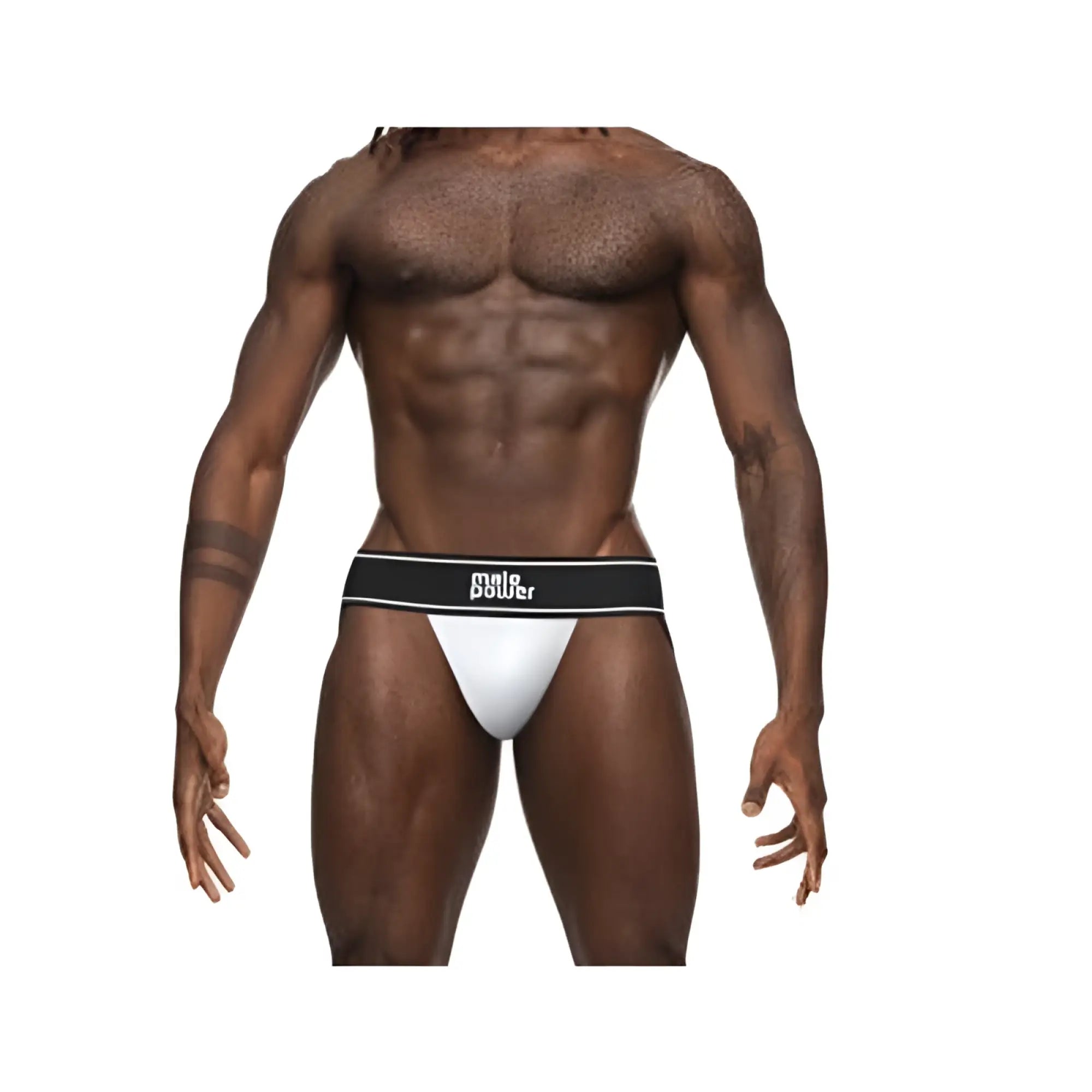 White male power modal rib jock briefs with a black waistband featuring the male power logo in size l/xl
