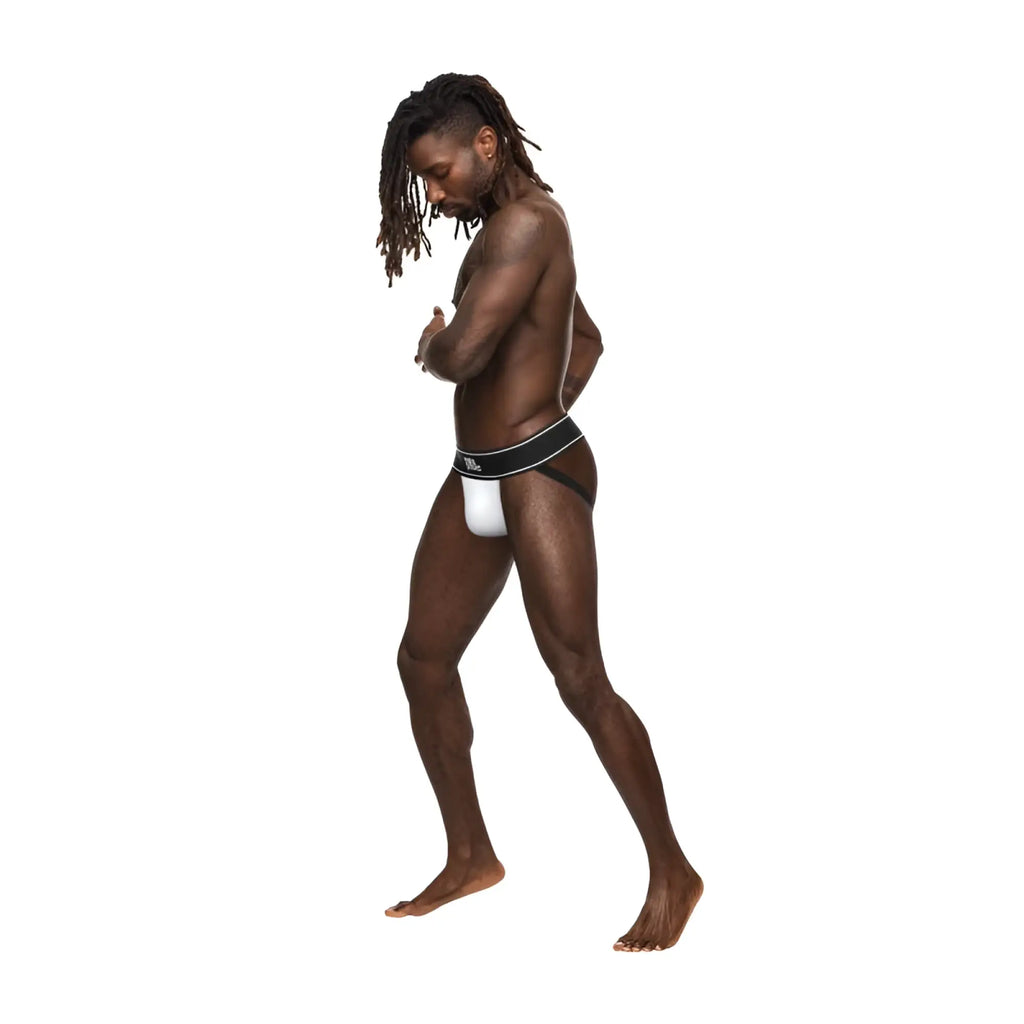 White modal rib athletic briefs with a black waistband and subtle male power logo in size s/m