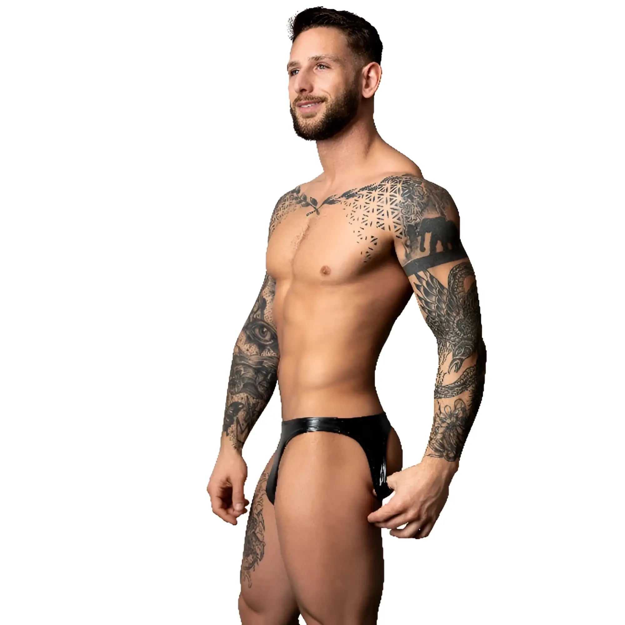 Male power moonshine jock strap in black patent leather with a sleek glossy finish and minimalistic thong design