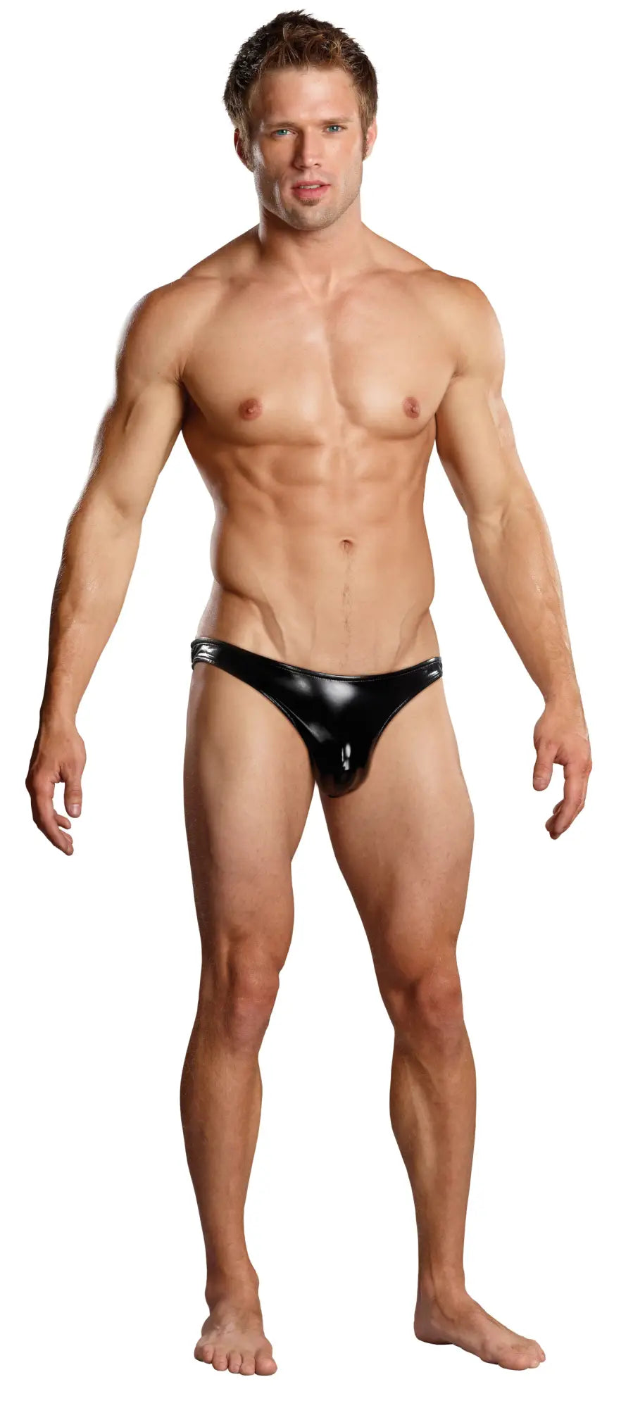 Black glossy latex thong with low-rise cut and silver trim on waistband male power moonshine l xl