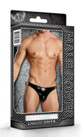 Black liquid onyx briefs with a sleek glossy finish male power male power moonshine s/m front view