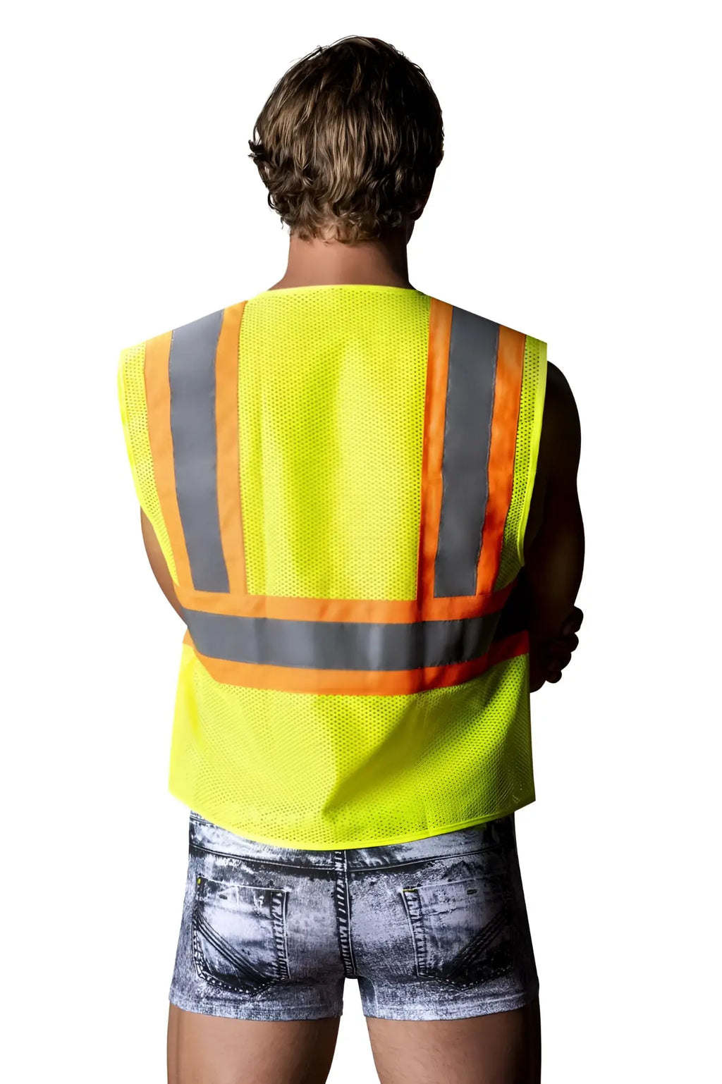 Male power mpc-010 working hard costume featuring a bright yellow high-visibility safety vest with reflective gray and orange stripes