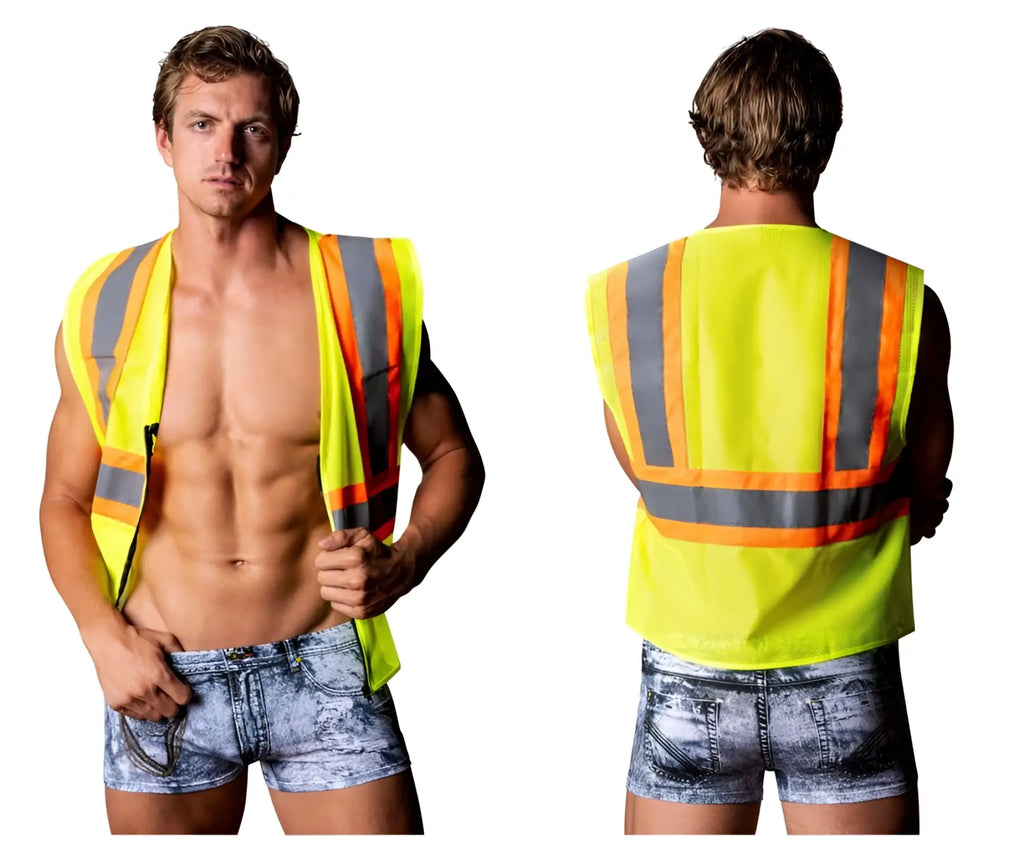 Male power mpc-010 working hard costume bright yellow safety vest with reflective orange and gray stripes denim material