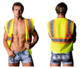 Male power mpc-010 working hard costume bright yellow safety vest with reflective orange and gray stripes denim material