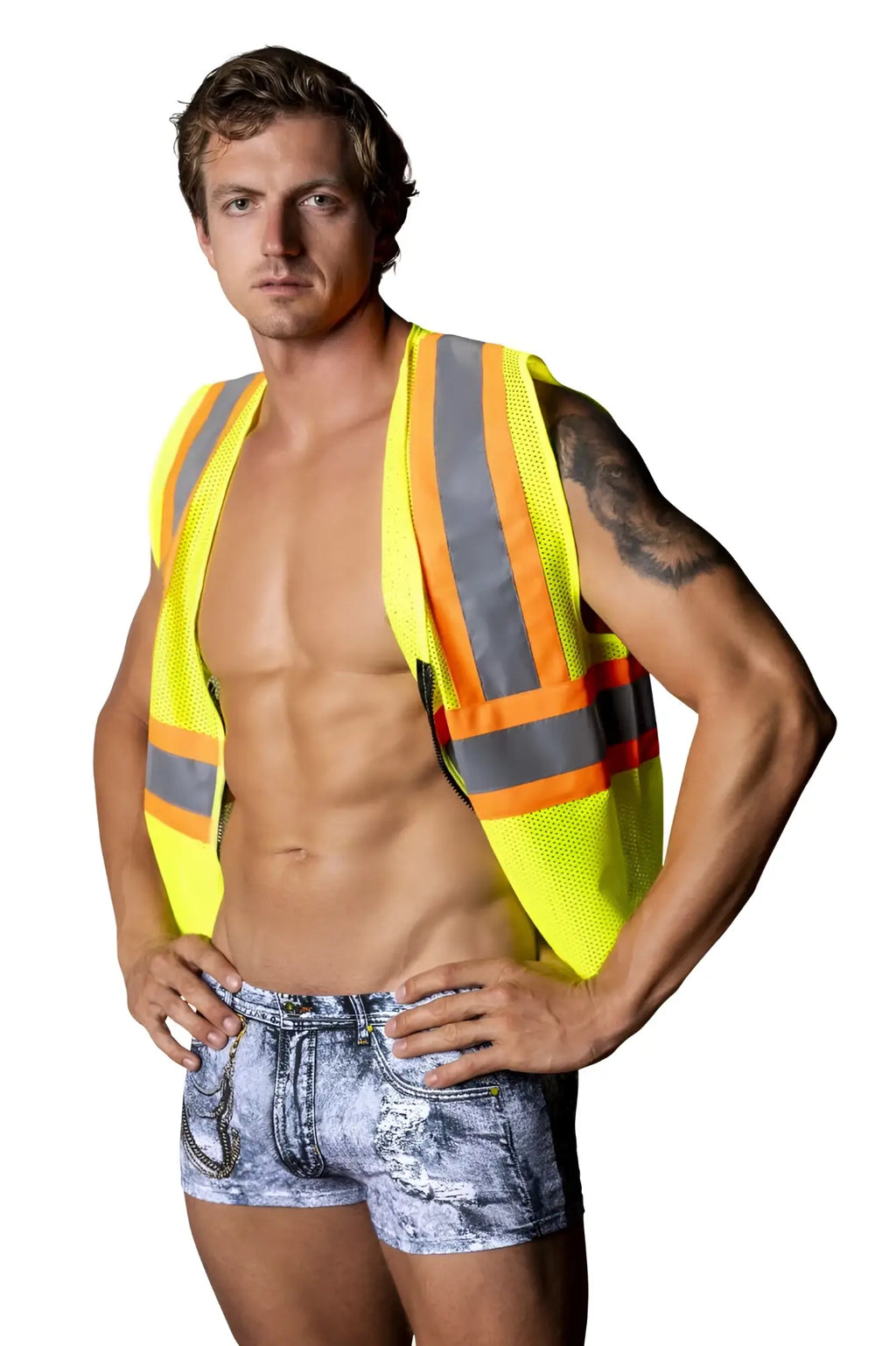 Bright yellow safety vest with reflective gray and orange stripes worn over a man in male power mpc-010 denim costume