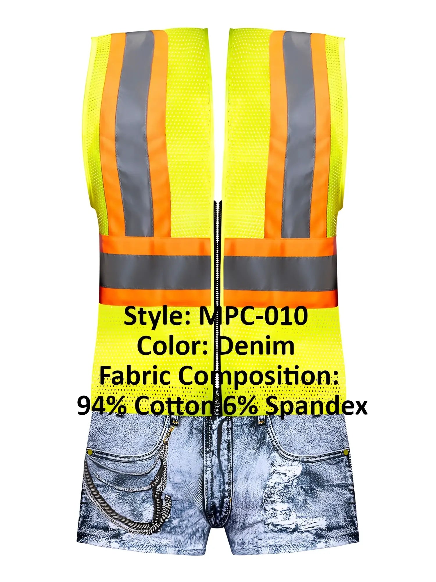 Male power mpc-010 working hard costume with bright yellow mesh high-visibility vest and denim shorts design