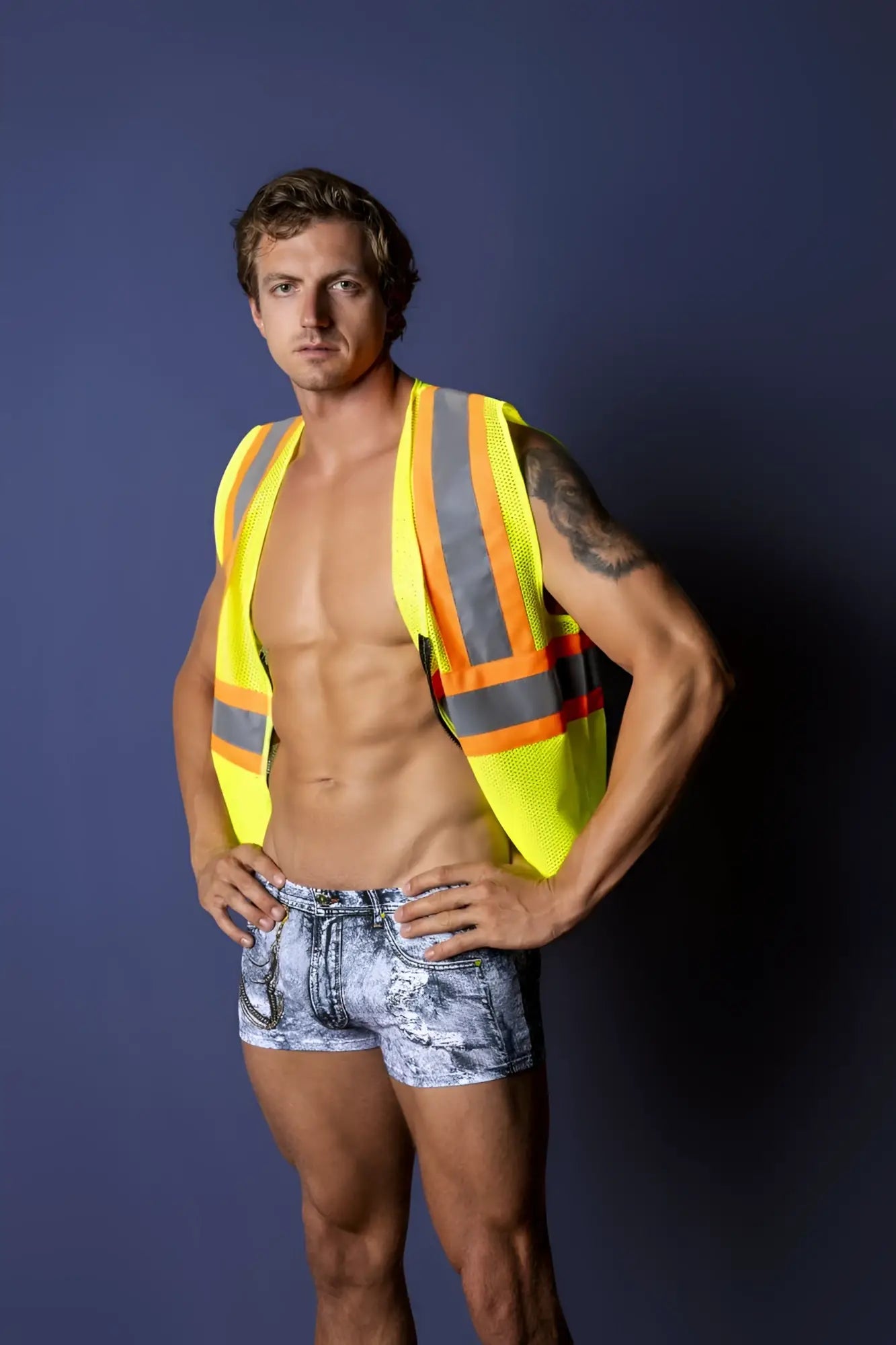 Yellow safety vest with reflective orange and gray stripes for male power mpc-010 working hard costume denim