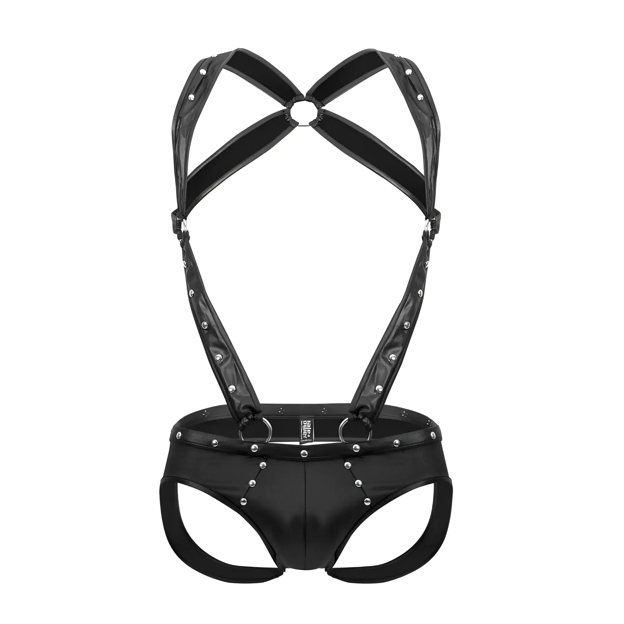 Male power pak-154 fetish uranus black faux leather harness-style jockstrap with silver studs and metal rings