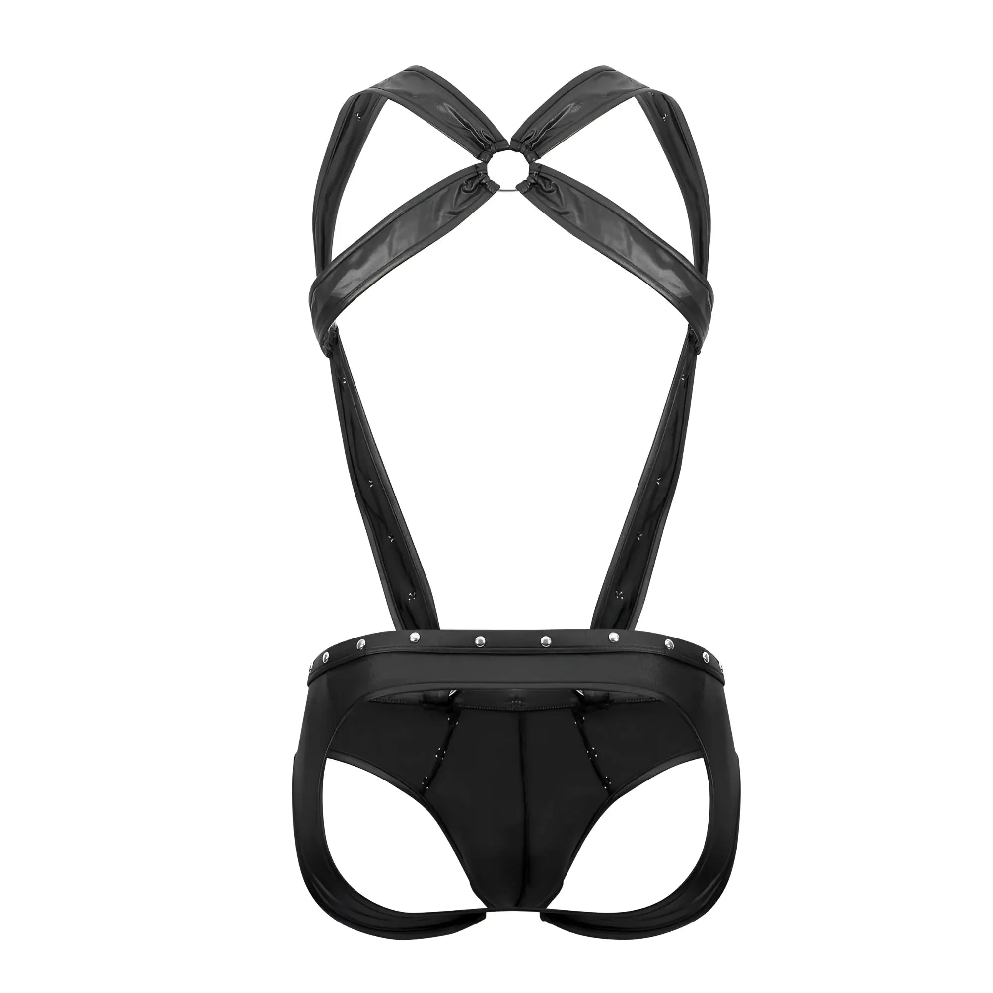 Black faux leather male power PAK-154 fetish uranus jockstrap showing back with crisscross straps and silver studs