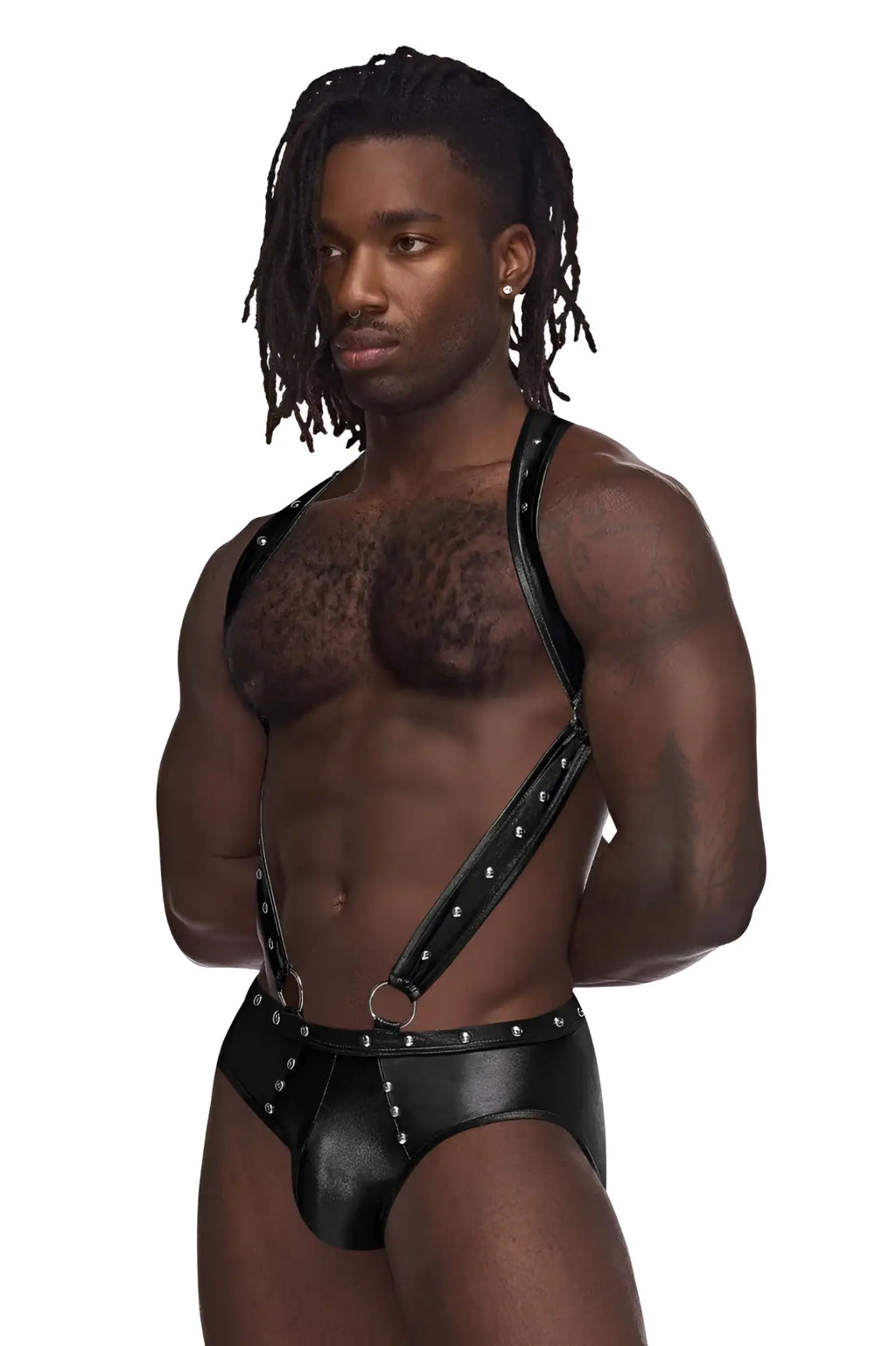 Black leather harness-style bodysuit with silver studs and metal rings for male power pak-154 fetish jockstrap