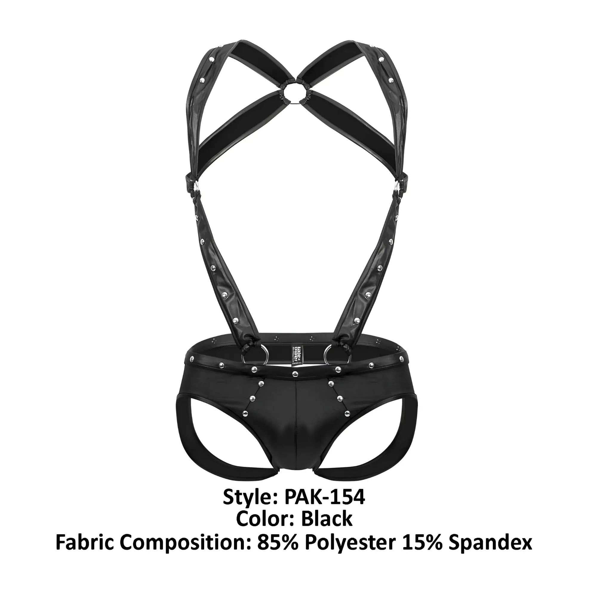 Black leather-like male power pak-154 fetish uranus jockstrap with silver studs and metal rings front view