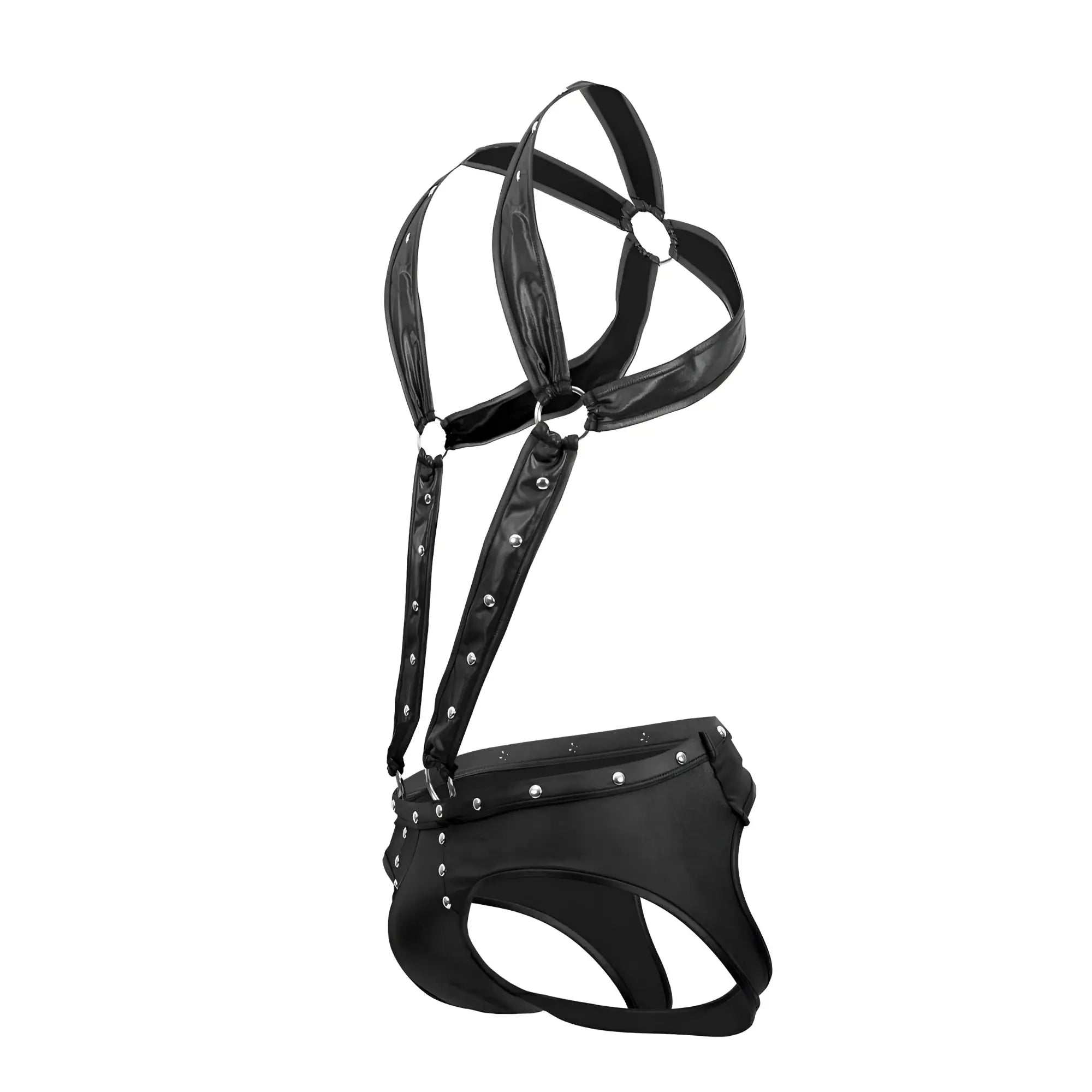 Male power pak-154 fetish uranus jockstrap in black patent leather with silver studs and metal rings shown from the back