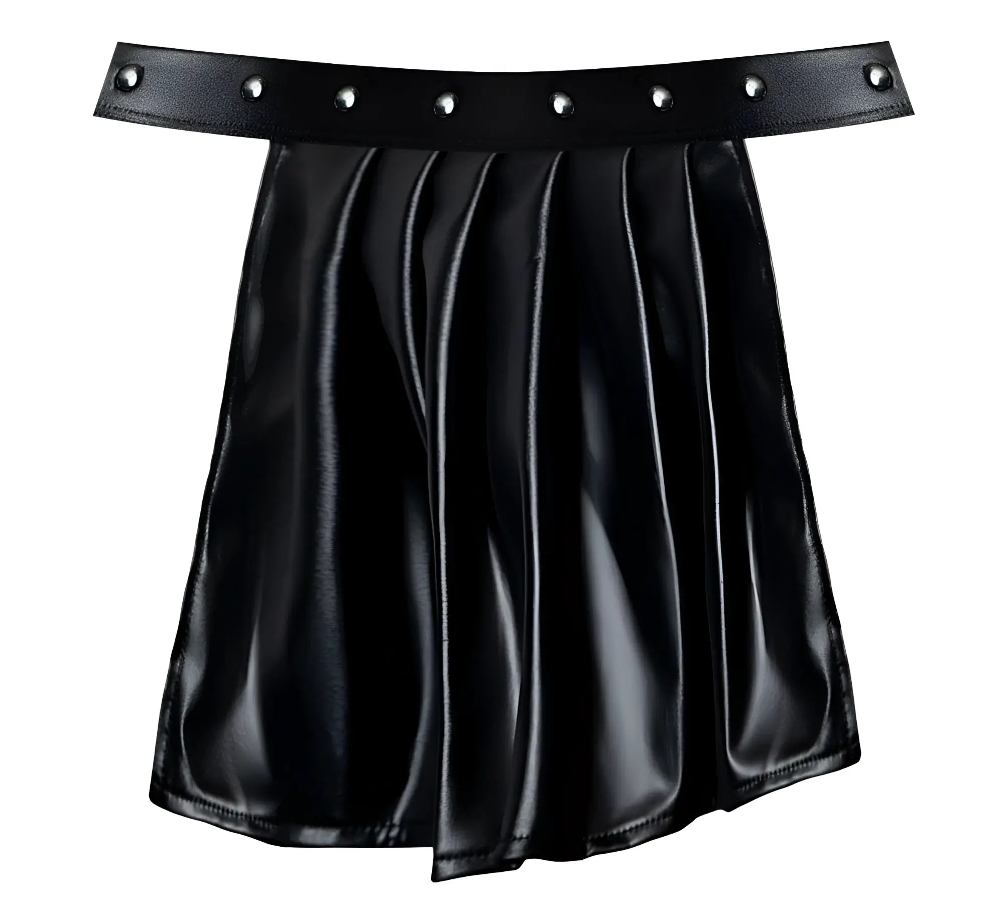 Black faux leather pleated mini skirt with wide studded belt from male power PAK-158 fetish spartacus collection