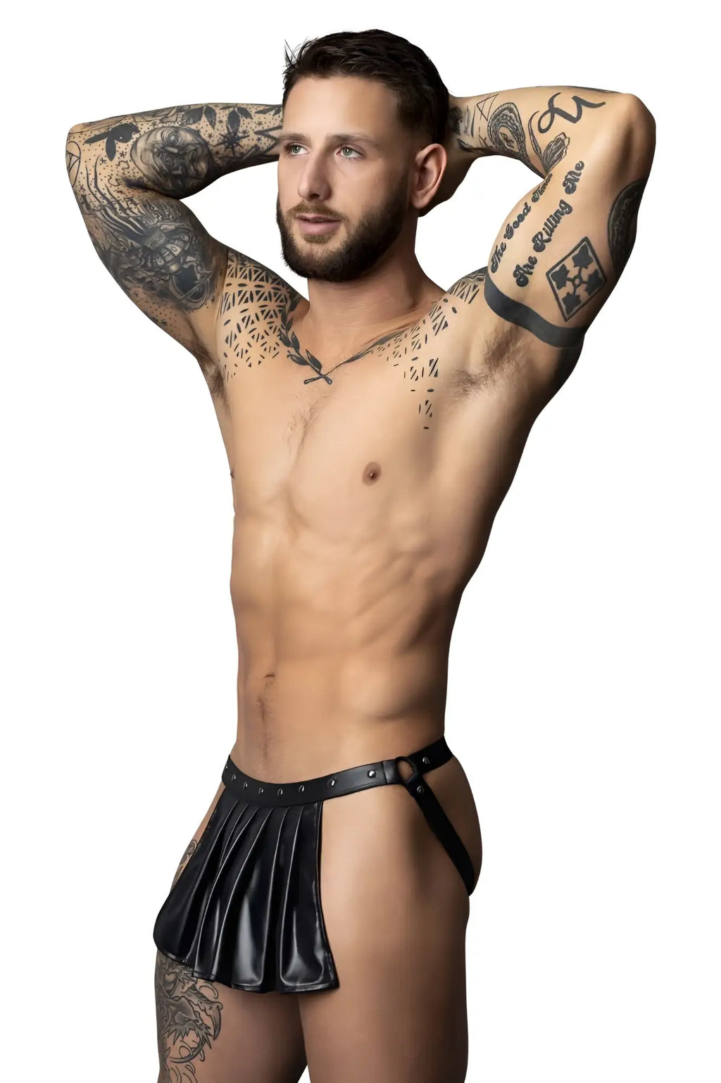 Black faux leather pleated briefs with studded waistband by Male Power PAK-158 fetish Spartacus in black color