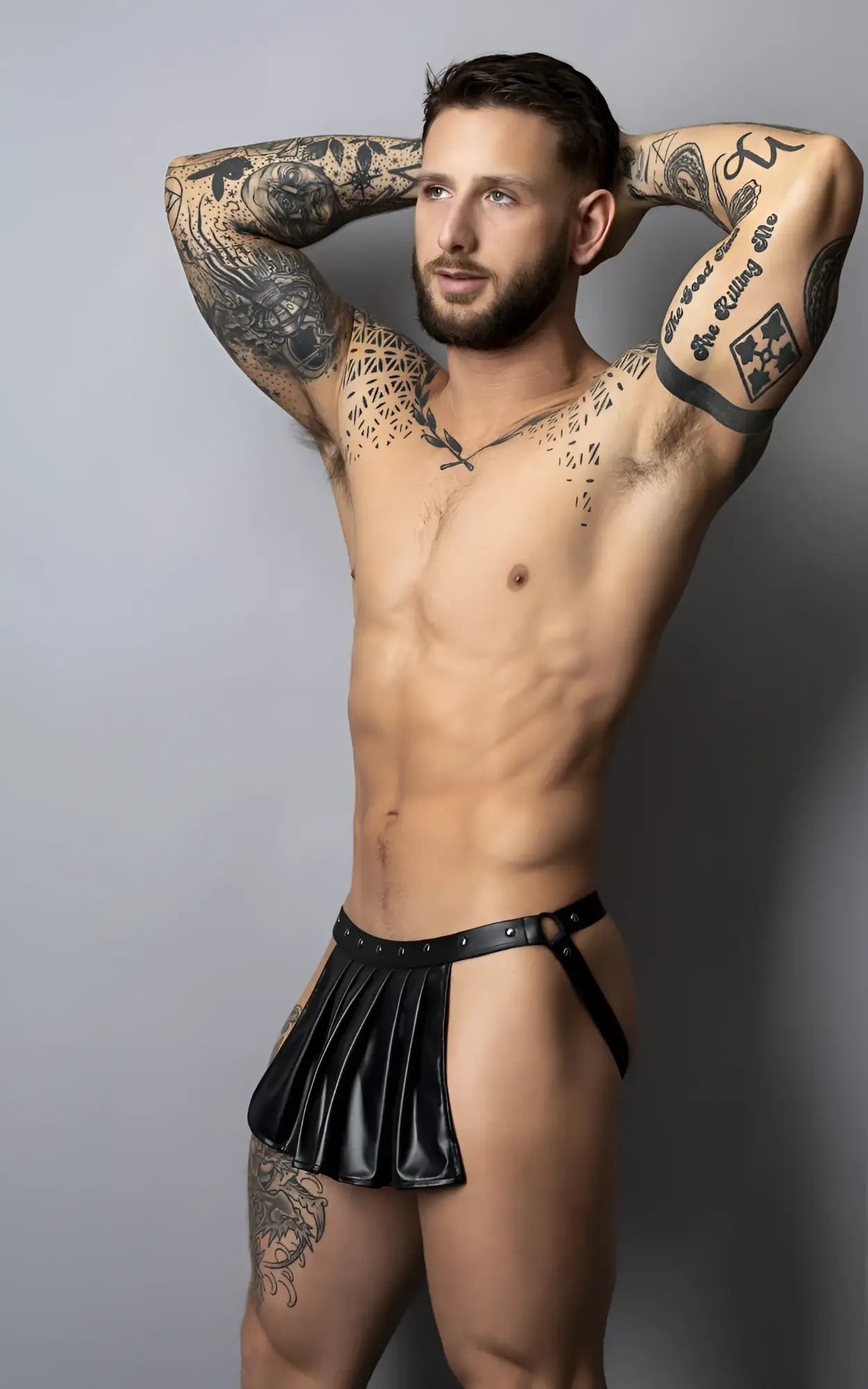 Black leather pleated briefs with studded belt detail by male power in black for fetish wear