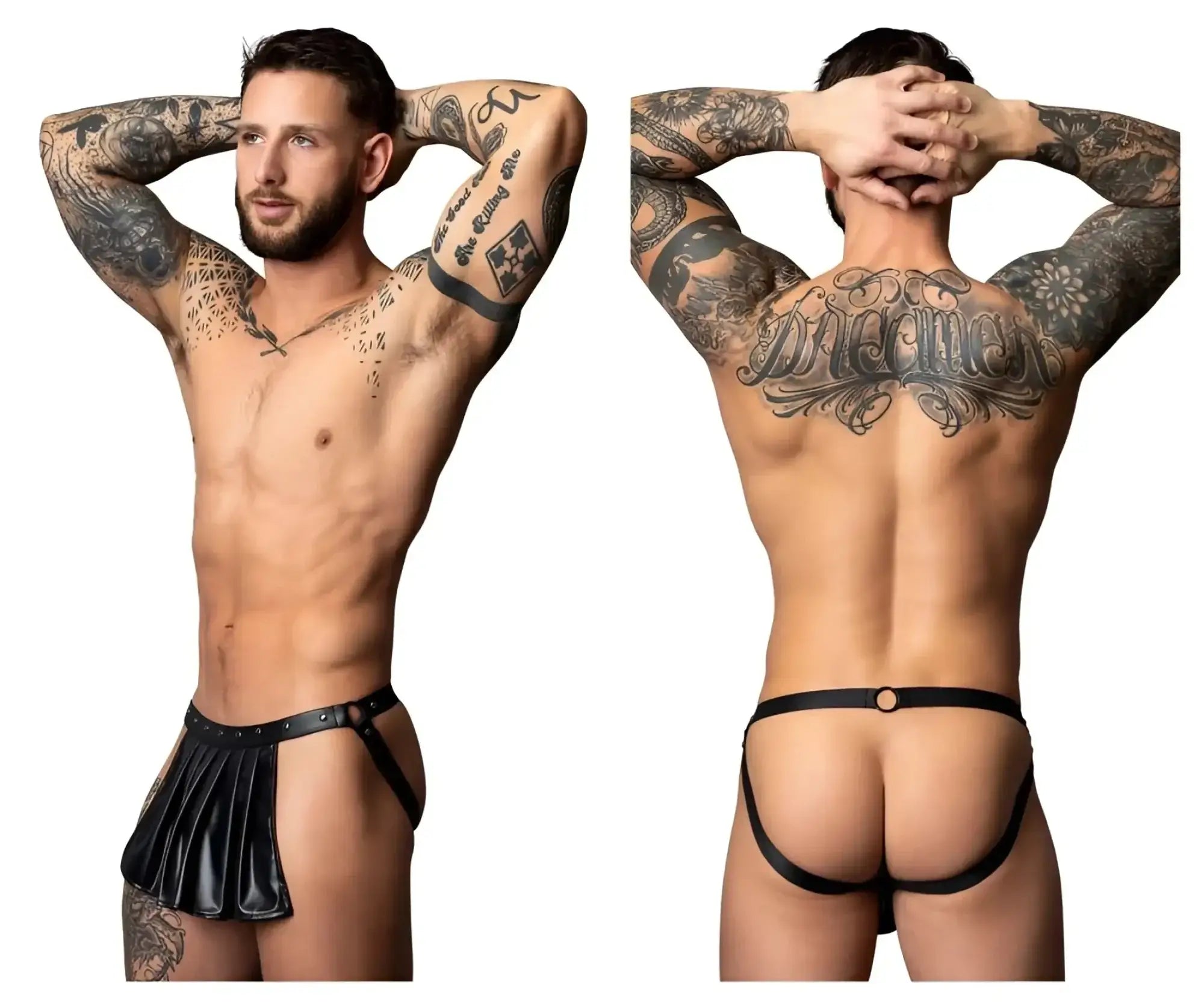 Black leather thong with pleated skirt detail and adjustable straps by male power pak-158 fetish spartacus color black