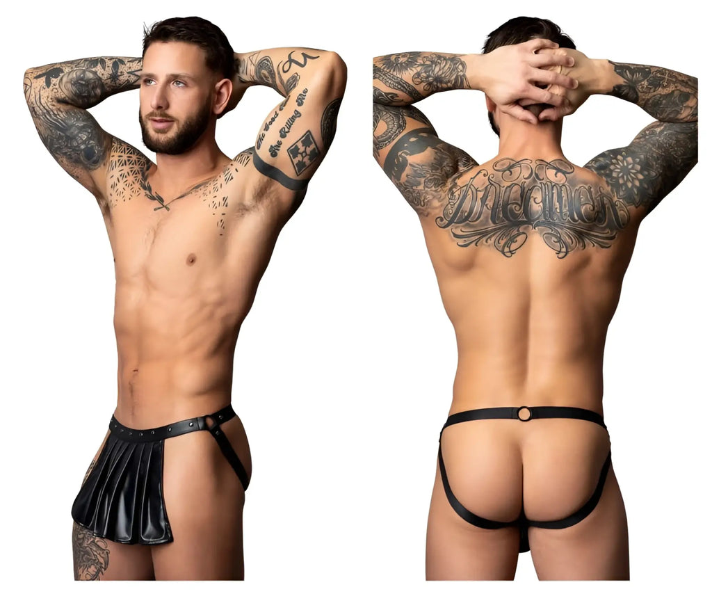 Black leather thong with pleated skirt detail and adjustable straps by male power pak-158 fetish spartacus color black