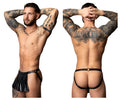 Black leather thong with pleated skirt detail and adjustable straps by male power pak-158 fetish spartacus color black