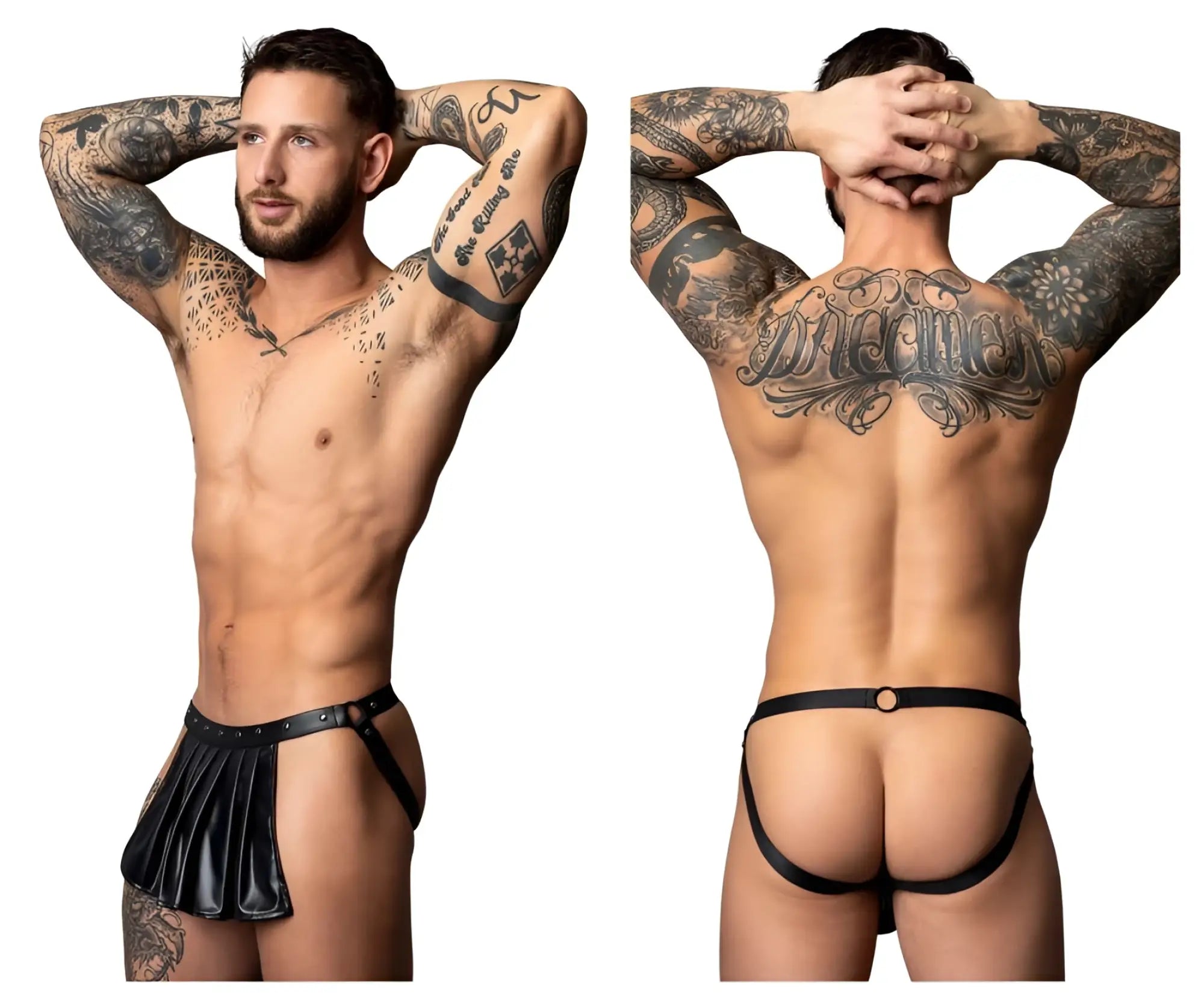 Black leather thong with pleated skirt detail and adjustable straps by male power pak-158 fetish spartacus color black