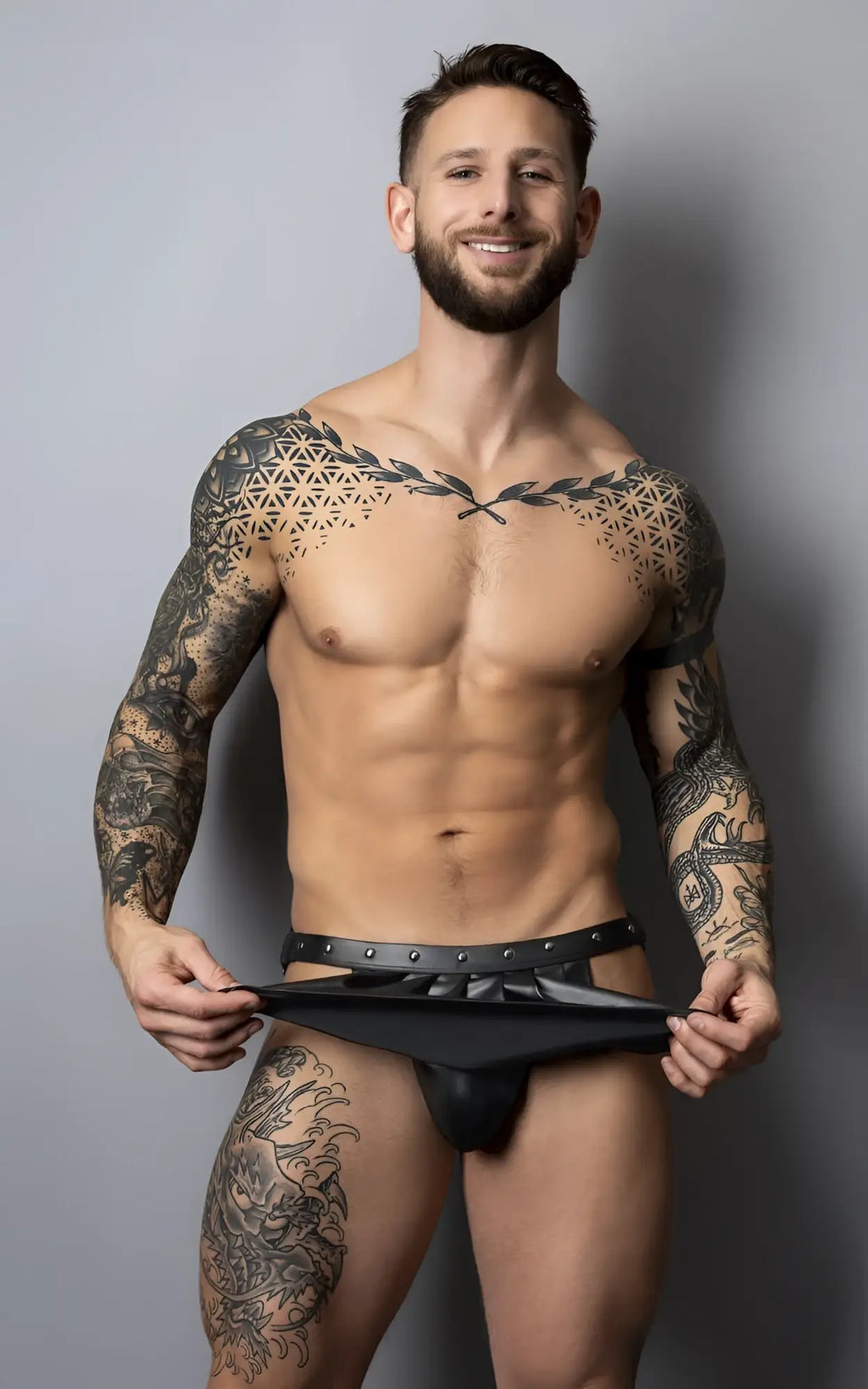 Black leather thong with studded belt detail from male power pak-158 fetish spartacus in black color