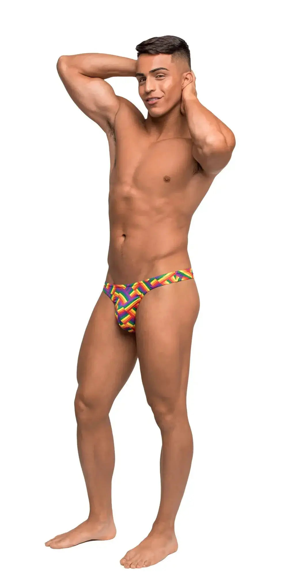 Rainbow geometric patterned male power pride fest bong thong briefs in s m showing front view