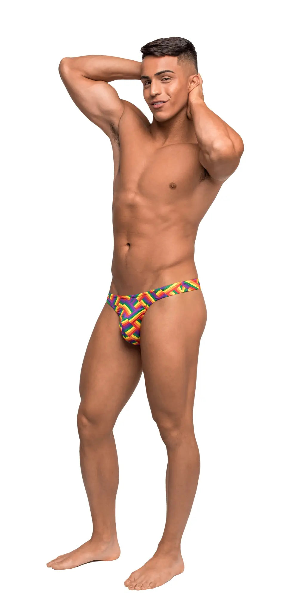 Rainbow geometric patterned male power pride fest bong thong briefs in s m showing front view