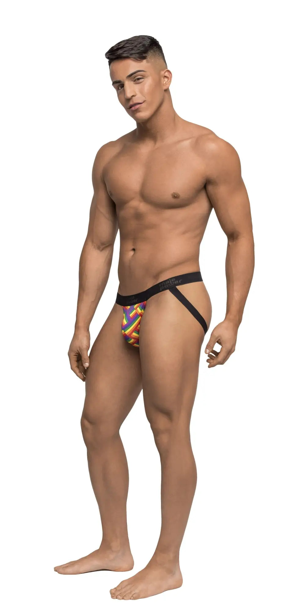 Colorful patterned briefs with black elastic waistband and side straps from male power pride fest jock s/m collection