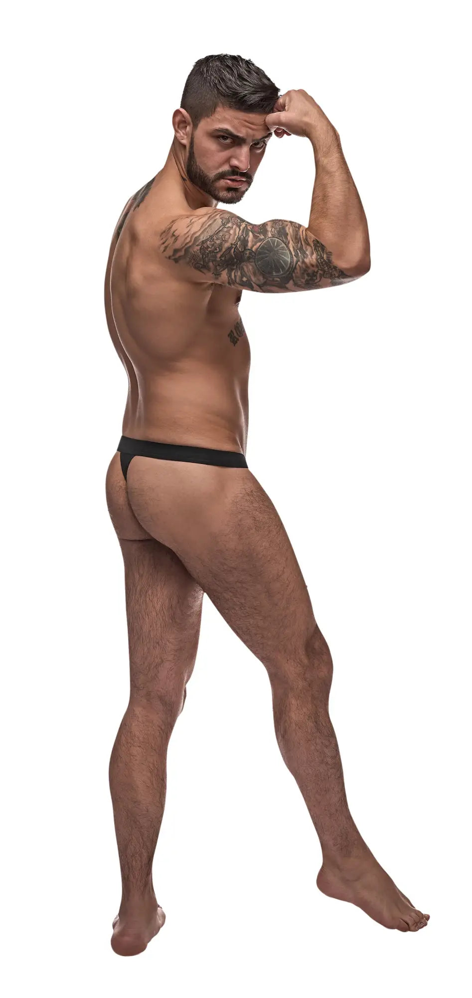 Black male power pure comfort thong briefs with snug form-fitting design in size l/xl shown from the back side