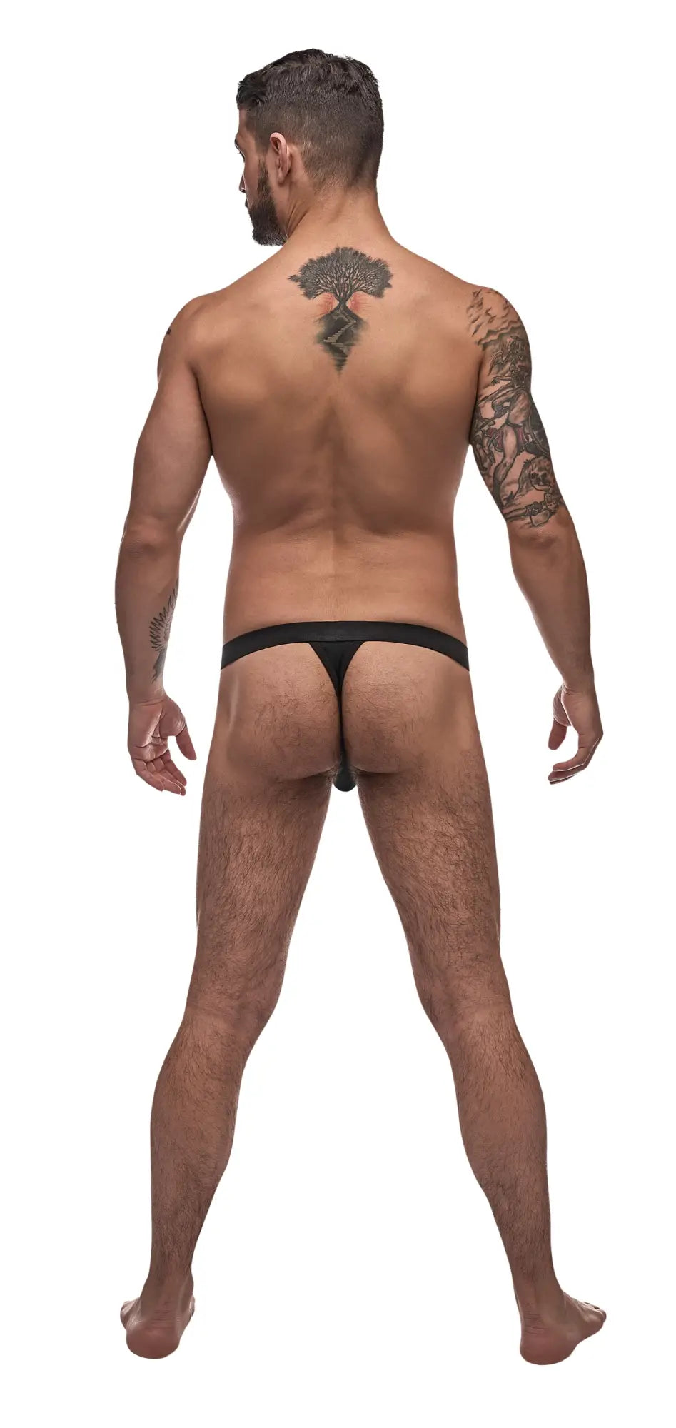 Black thong underwear by male power featuring a narrow waistband and minimal coverage for pure comfort in s/m size
