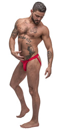Red athletic briefs by male power with a snug fit and visible brand logo on the waistband for pure comfort sport use