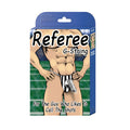 Male Power referee novelty g-string in black with white stripes shown from the back in one size fits all