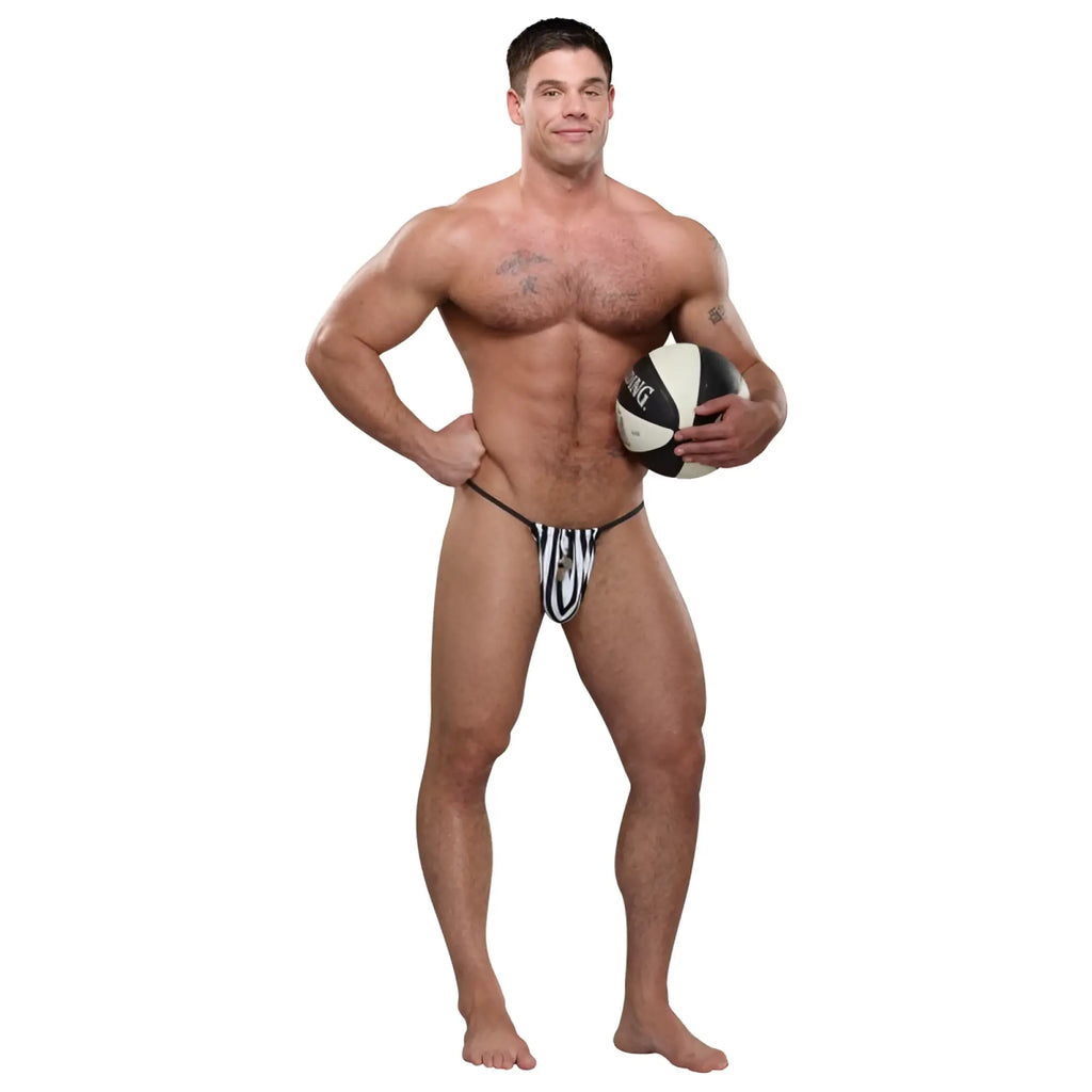Black and white striped male power referee novelty g-string with thin elastic waistband in one size