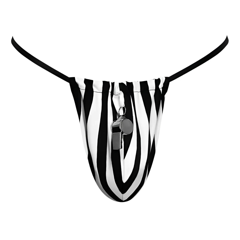 Black and white striped male power referee novelty g-string with metallic whistle pendant in black one size