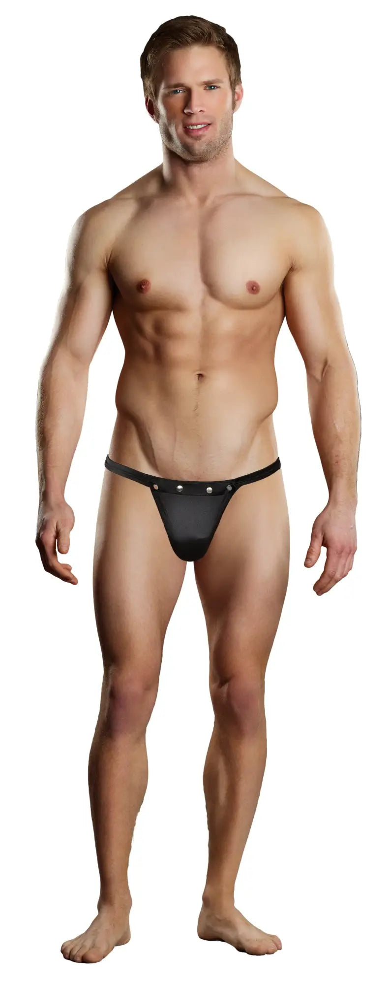 Black male power rip off thong s/m with sleek minimalist design and three silver studs along the waistband