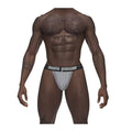 Male power grey l/xl sexagon micro v thong in black and silver mesh with male power branding on the waistband