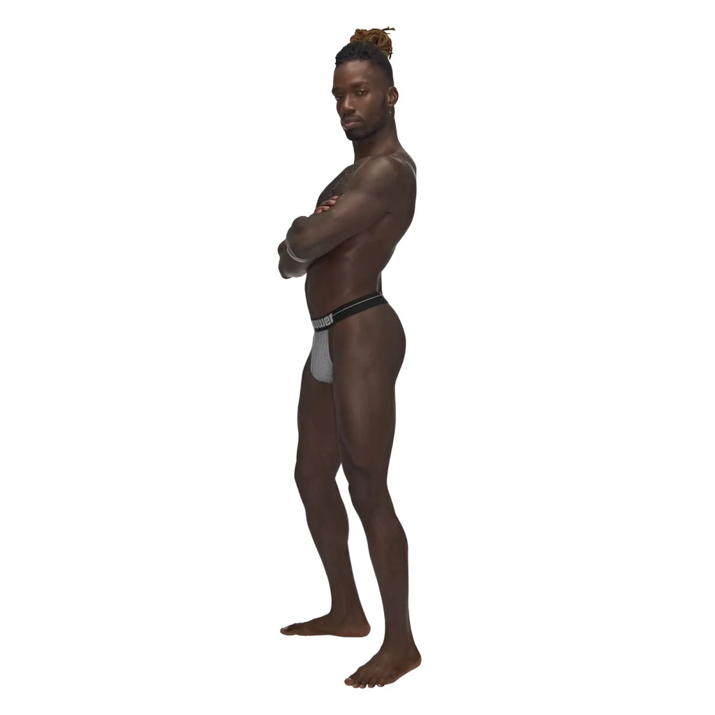 Male power sexagon micro v thong grey lxl featuring black and white patterned briefs with black waistband front view