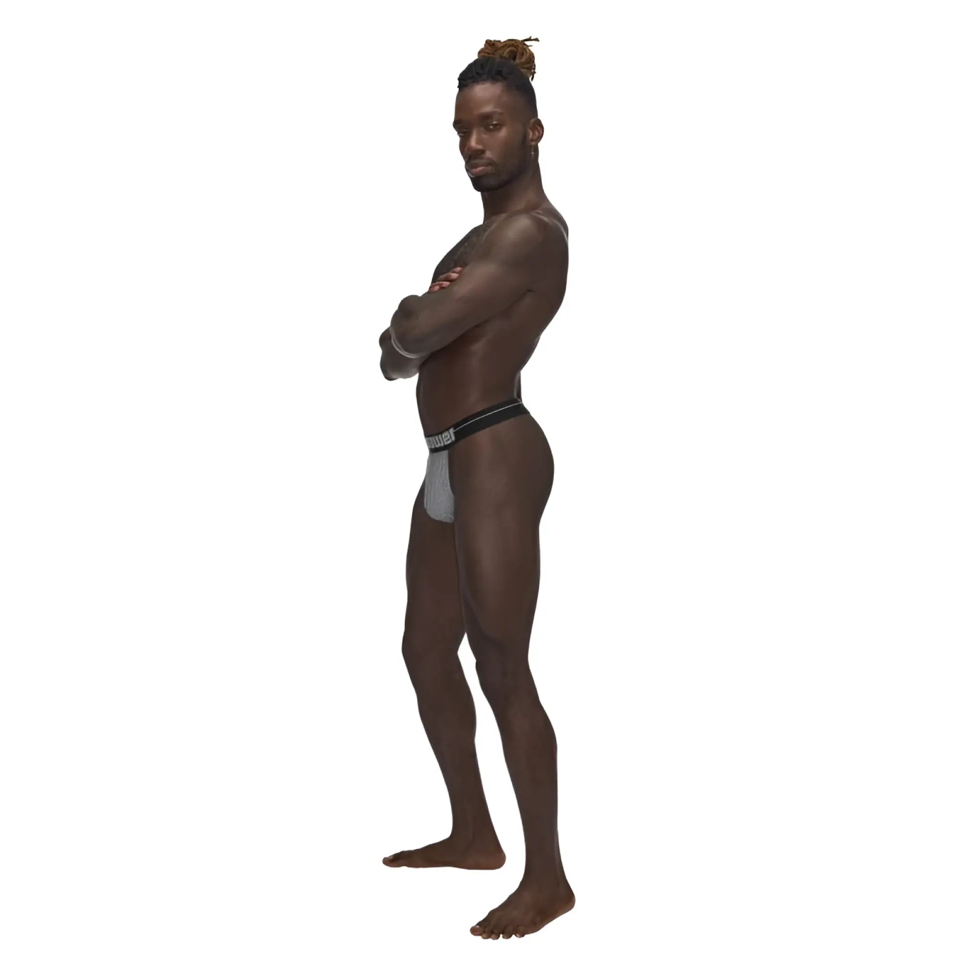 Male power sexagon micro v thong grey lxl featuring black and white patterned briefs with black waistband front view