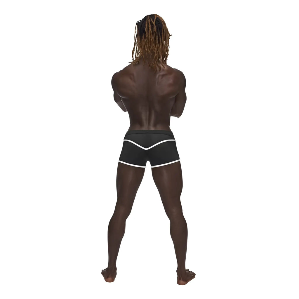 Black athletic shorts by male power with white trim and front mesh panel in size xl for sport and casual wear
