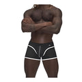 Male power sport mesh mini short black xl featuring black athletic briefs with white piping and central zipper design