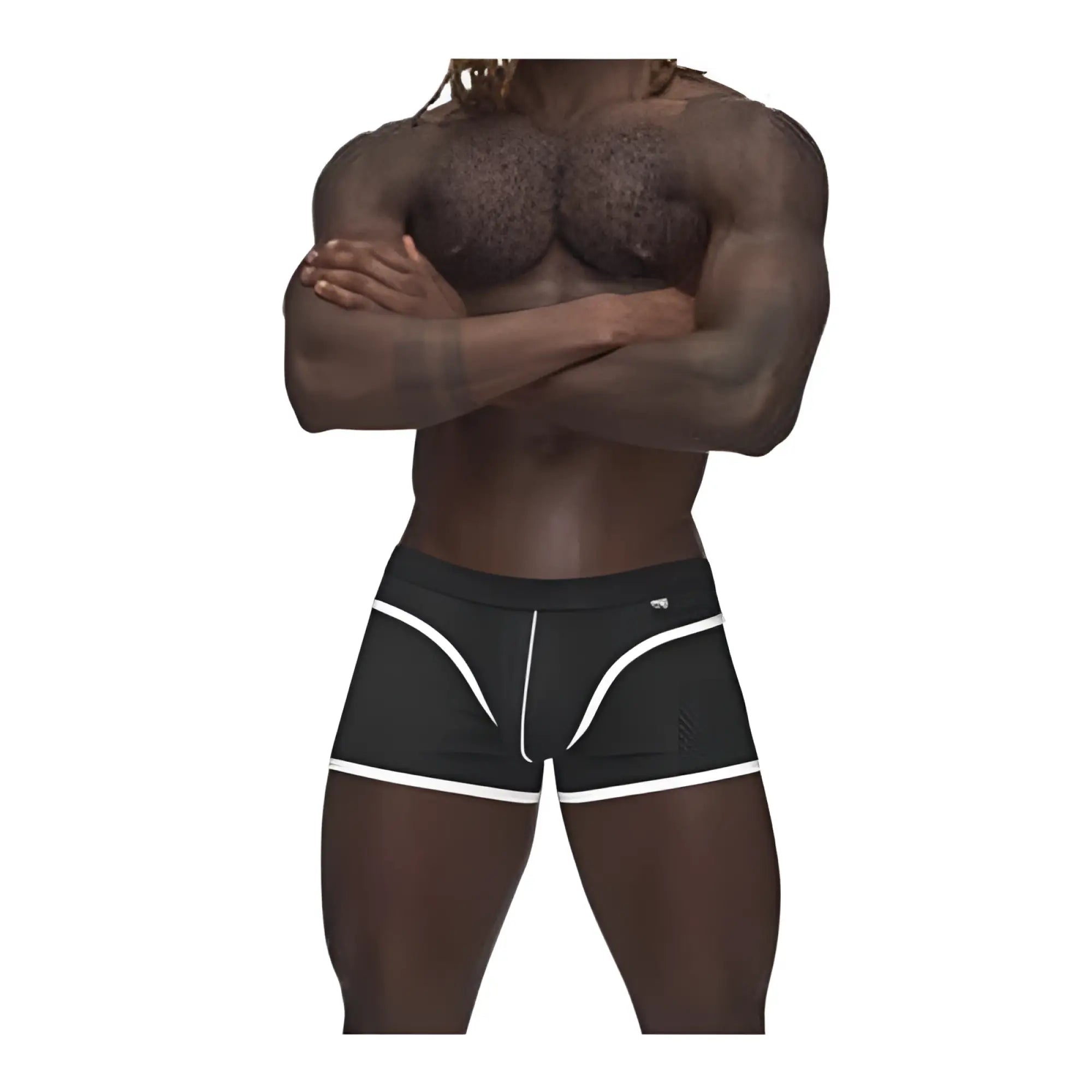 Male power sport mesh mini short black xl featuring black athletic briefs with white piping and central zipper design