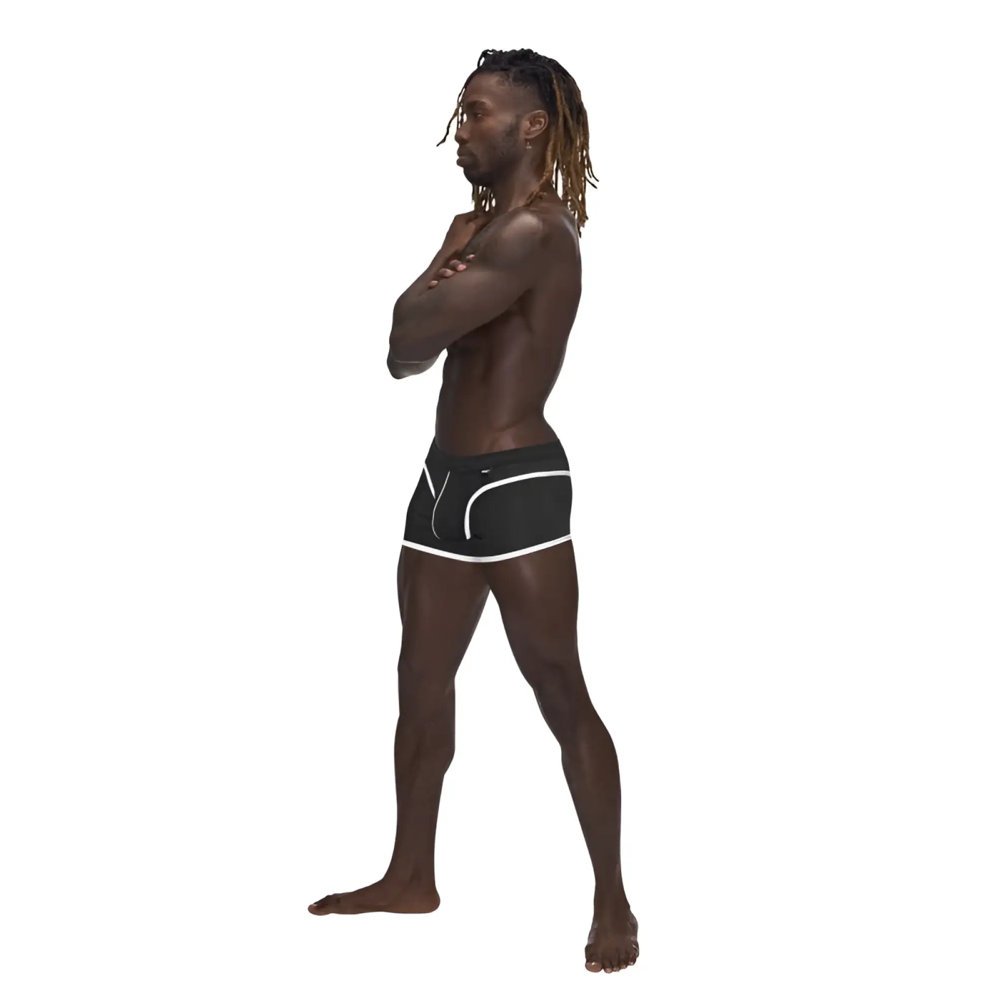 Black male power sport mesh mini short briefs with white trim and subtle textured pattern in size xl
