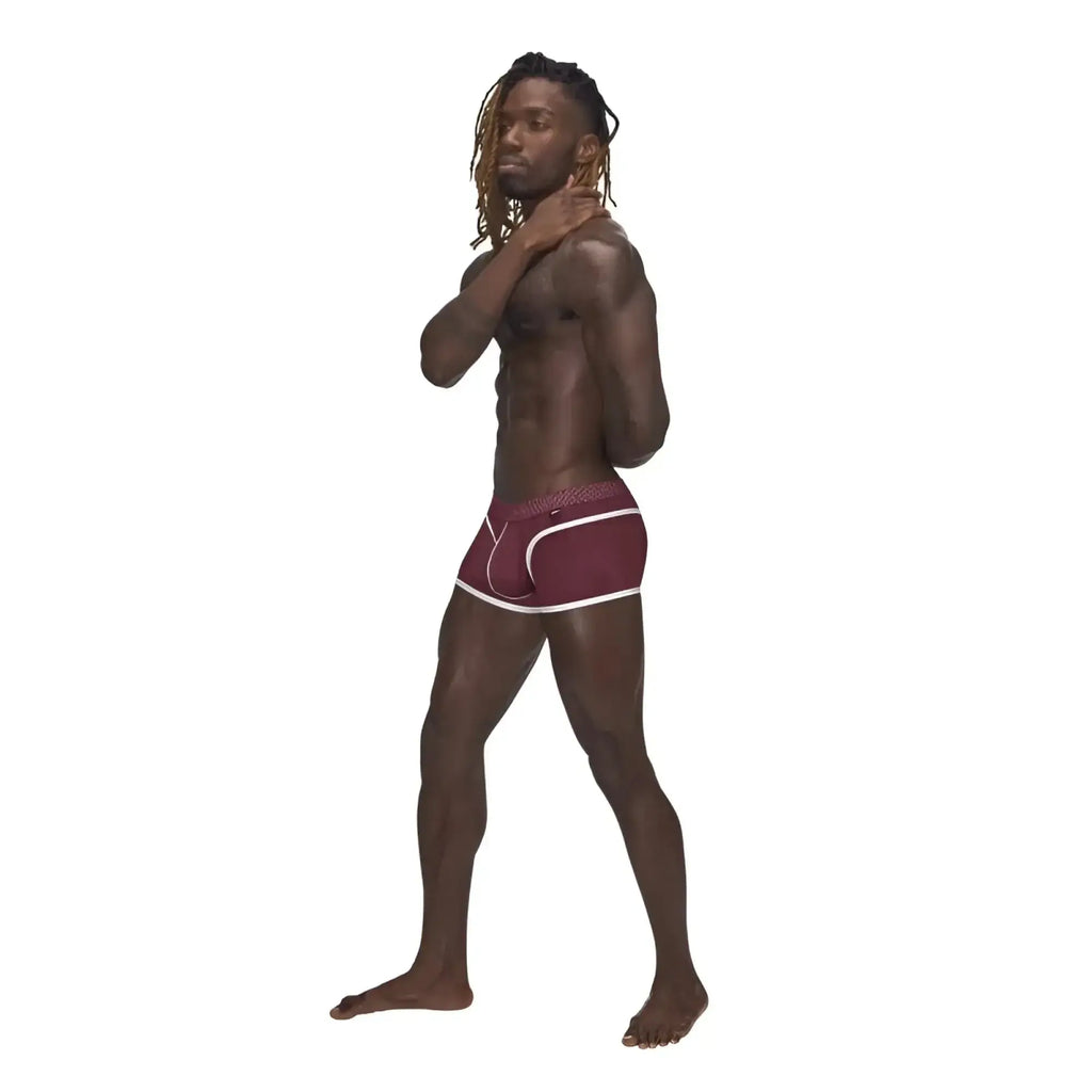 Male Power sport mesh mini short in burgundy with white trim and subtle patterned waistband in size large front view