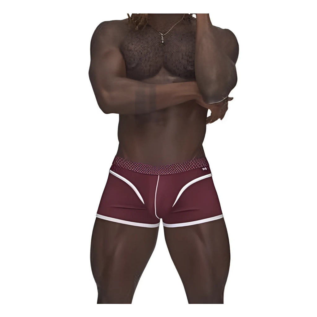 Male power sport mesh mini short burgundy l in maroon with white trim and textured waistband shown from the back