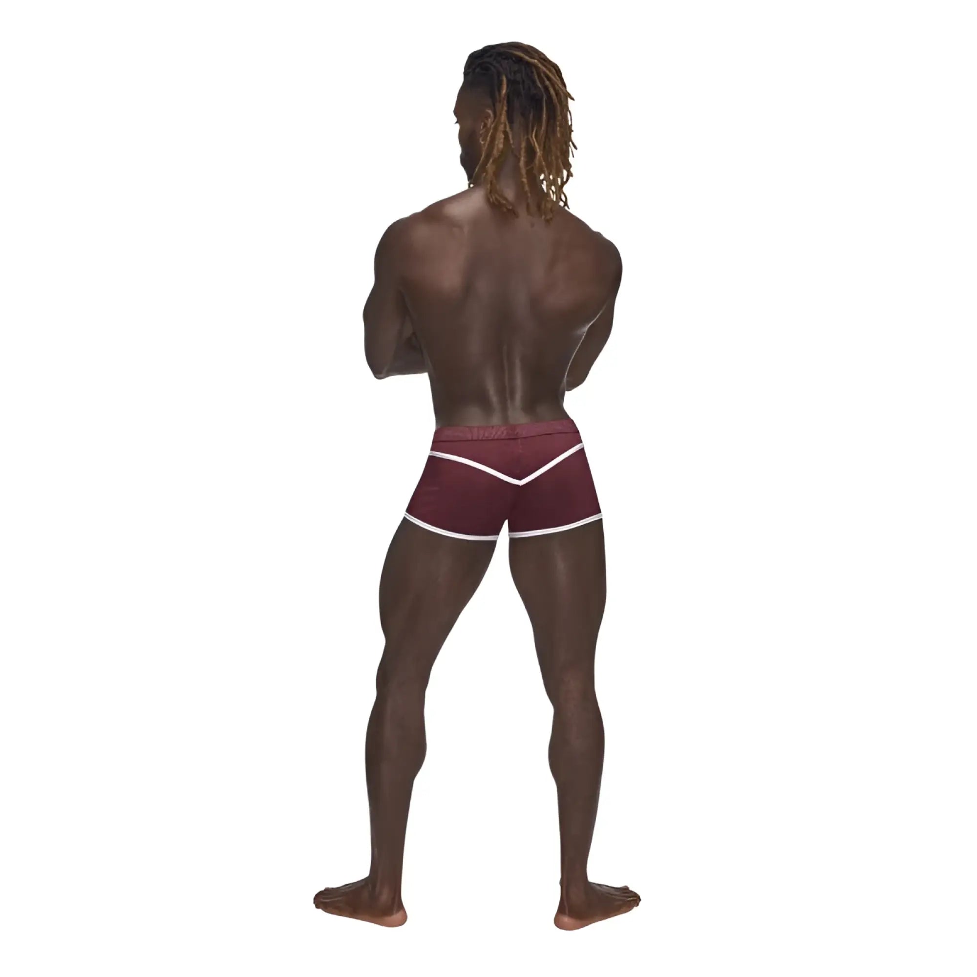 Male power sport mesh mini short in burgundy with white trim and textured waistband designed for athletic use