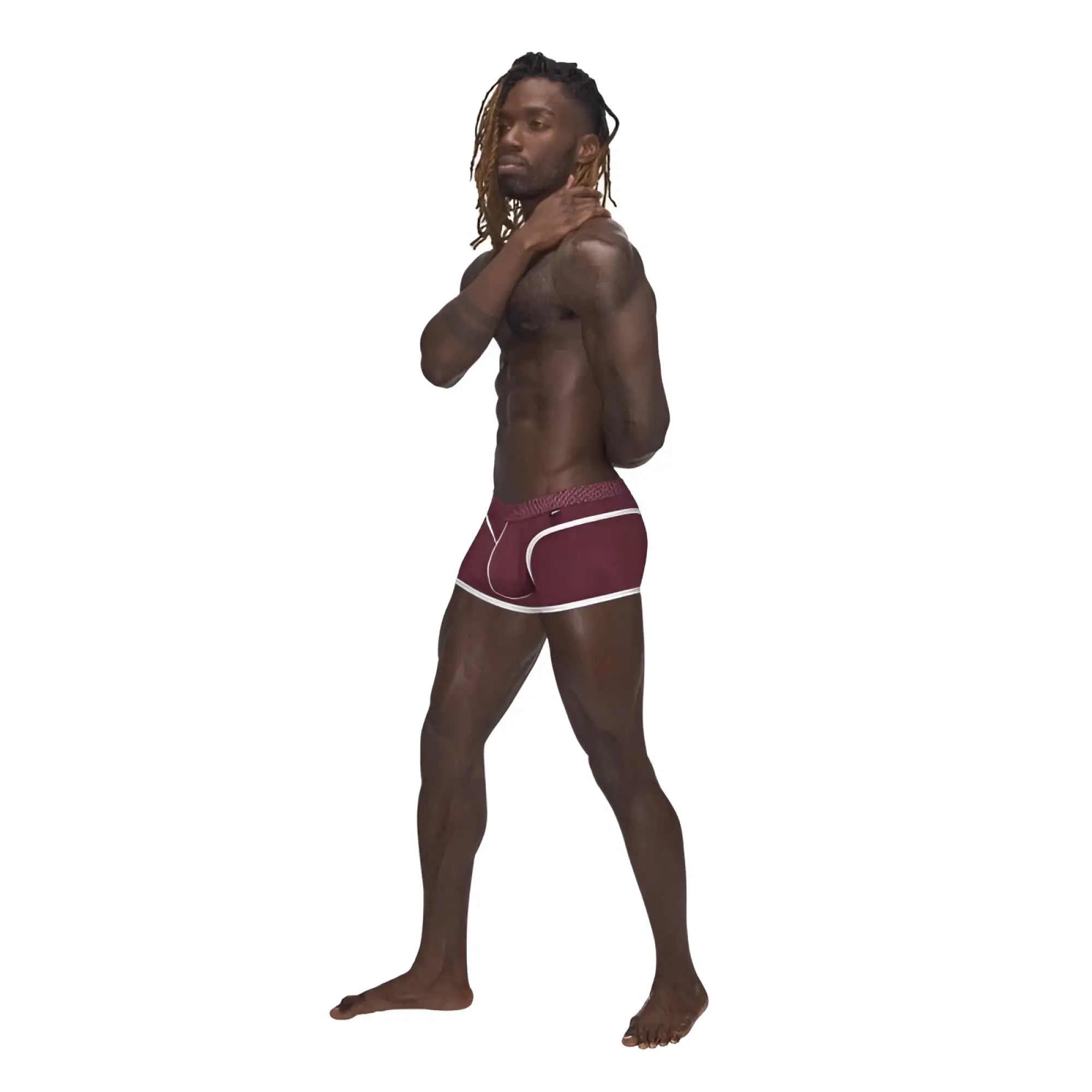 Male Power sport mesh mini short boxer briefs in burgundy with white trim and subtle patterned waistband