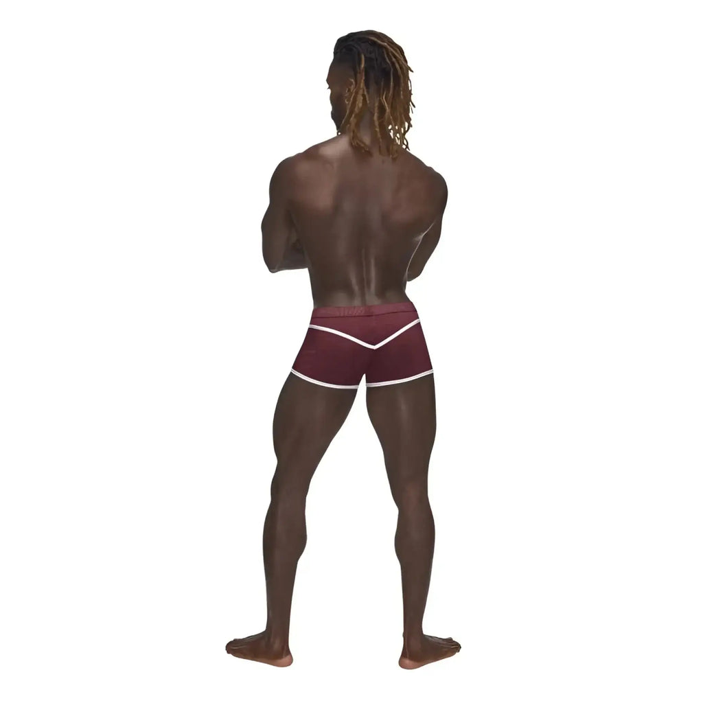 Male power sport mesh mini short burgundy xl athletic briefs with white trim and textured waistband in maroon