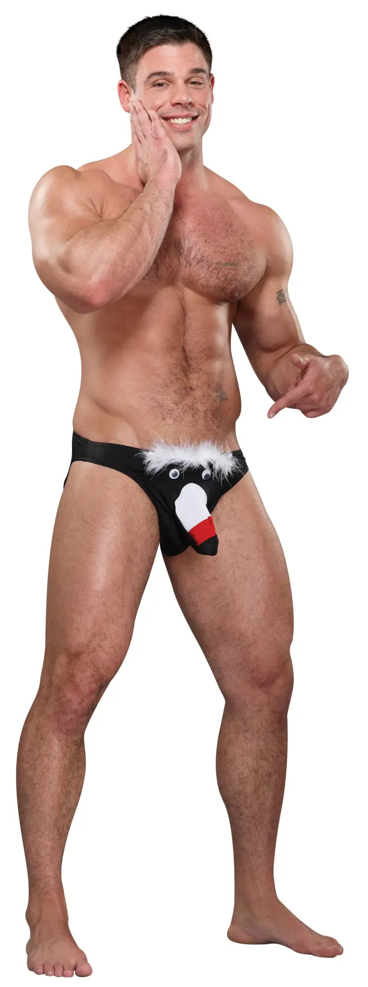 Male power toucan bikini novelty underwear in black featuring a plush toucan design with white and red accents